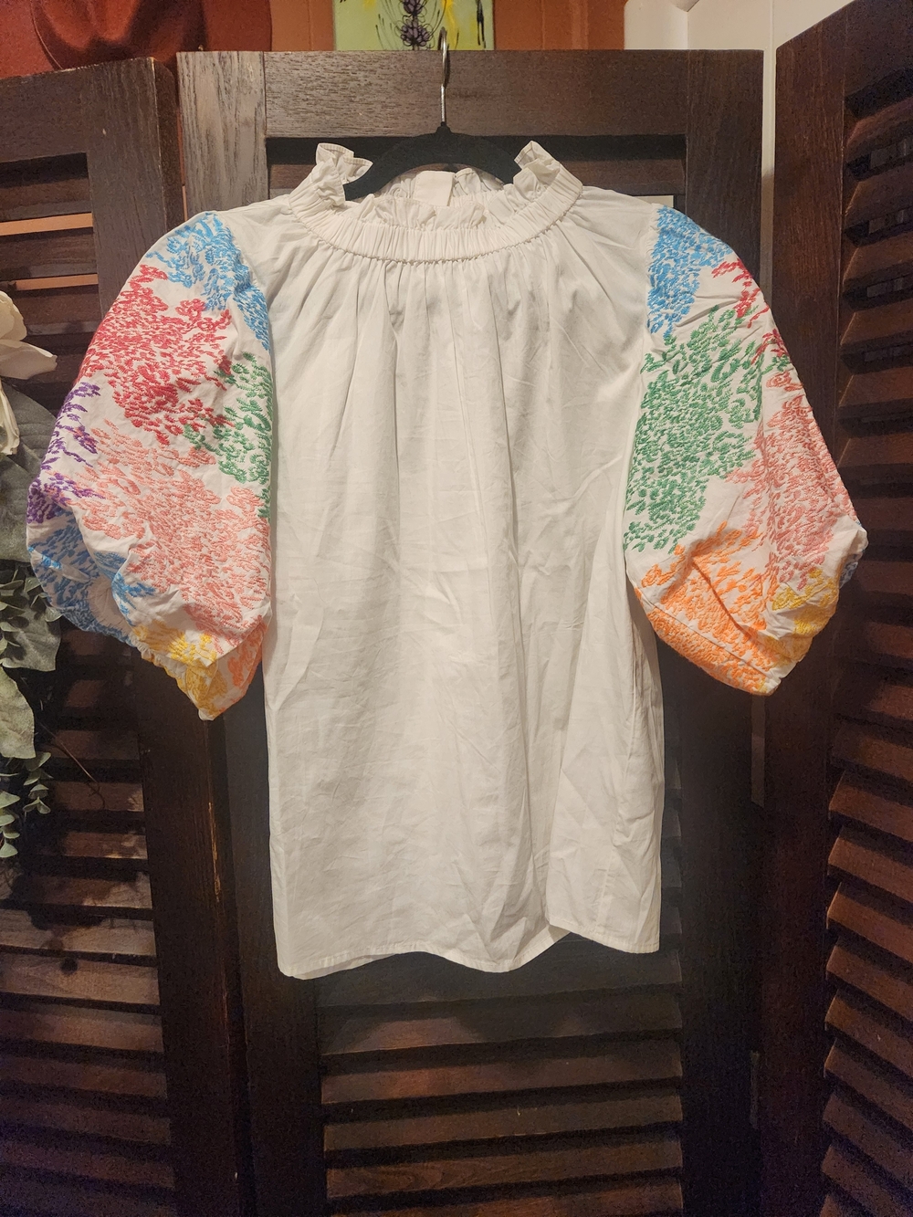 White Peasant Blouse with Rainbow Puff Sleeves